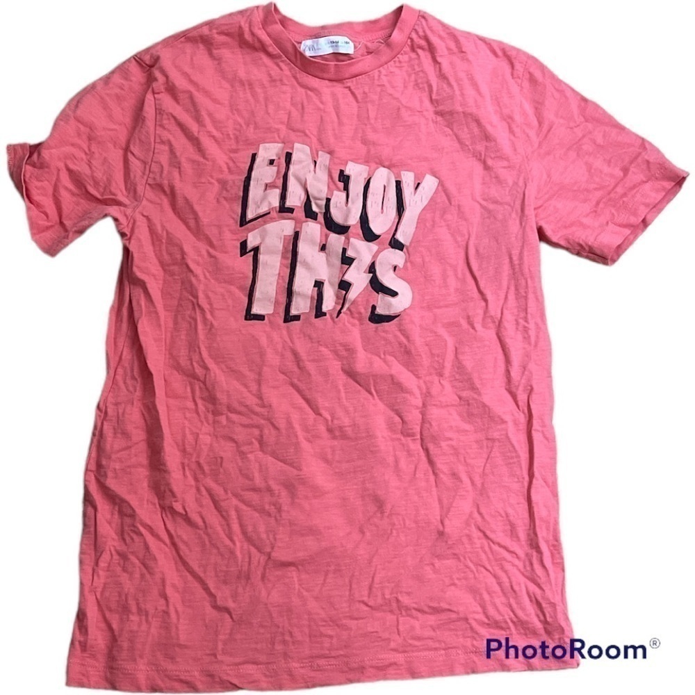 Zara Boys “Enjoy This” Salmon Orange Graphic T-Shirt Size 13-14